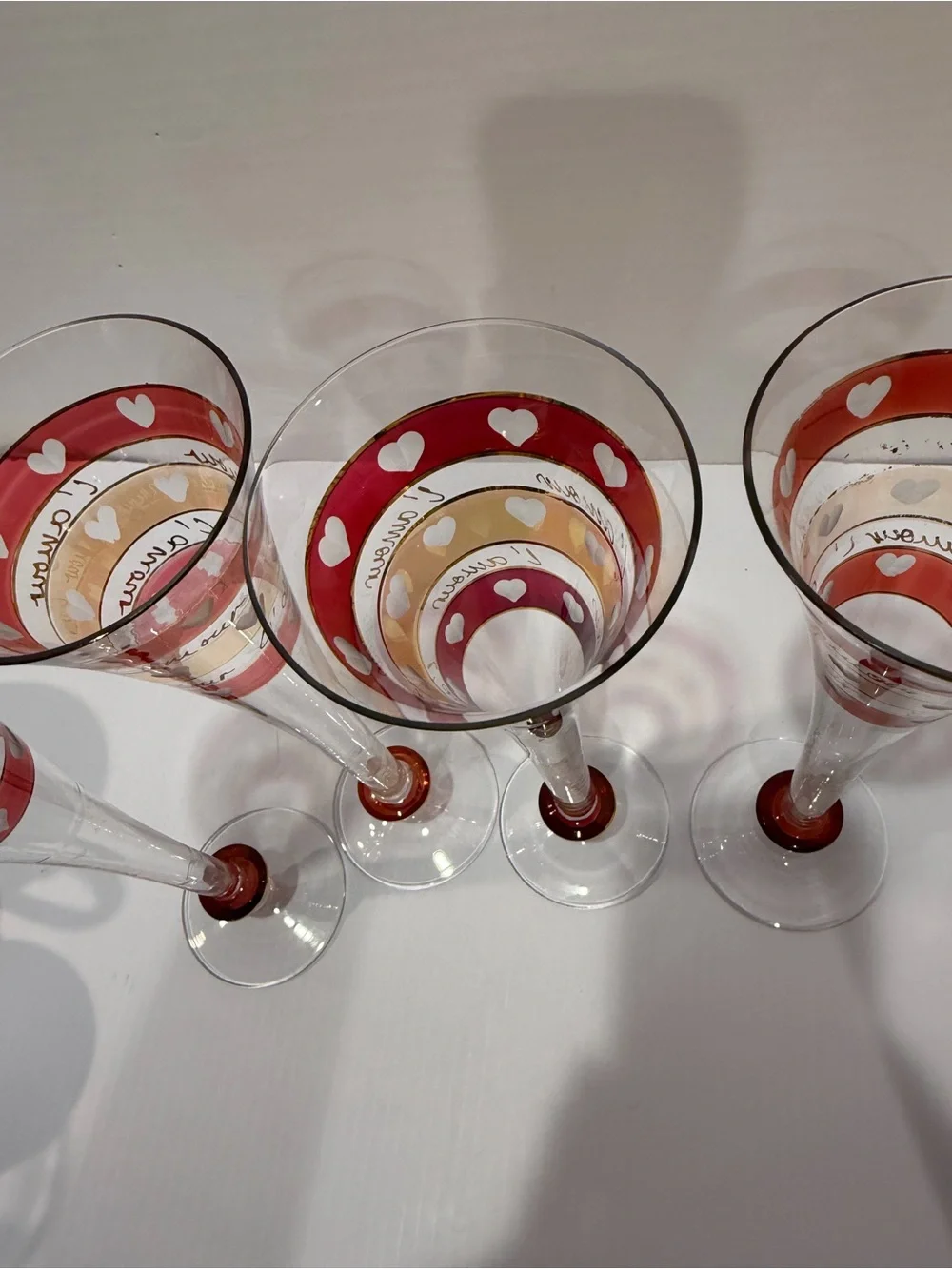 VINTAGE ETCHED HEARTS RUBY RED FLUTES CHAMPAGNE L'AMOUR 11